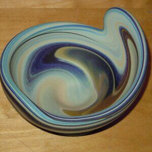 Vintage Phoenician Blue Swirl Satin Art Glass Asymmetrical Bowl